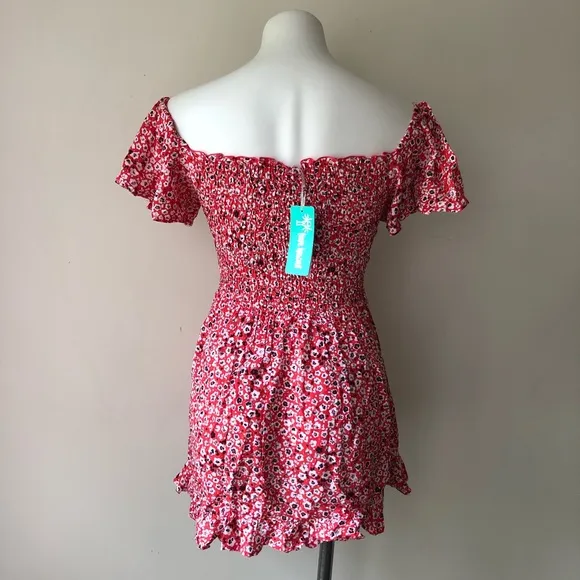 Tiare Hawaii Hendrix Red Floral Smocked Mini Dress NWT