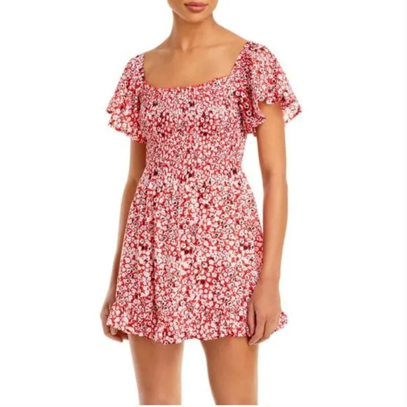 Tiare Hawaii Hendrix Red Floral Smocked Mini Dress NWT
