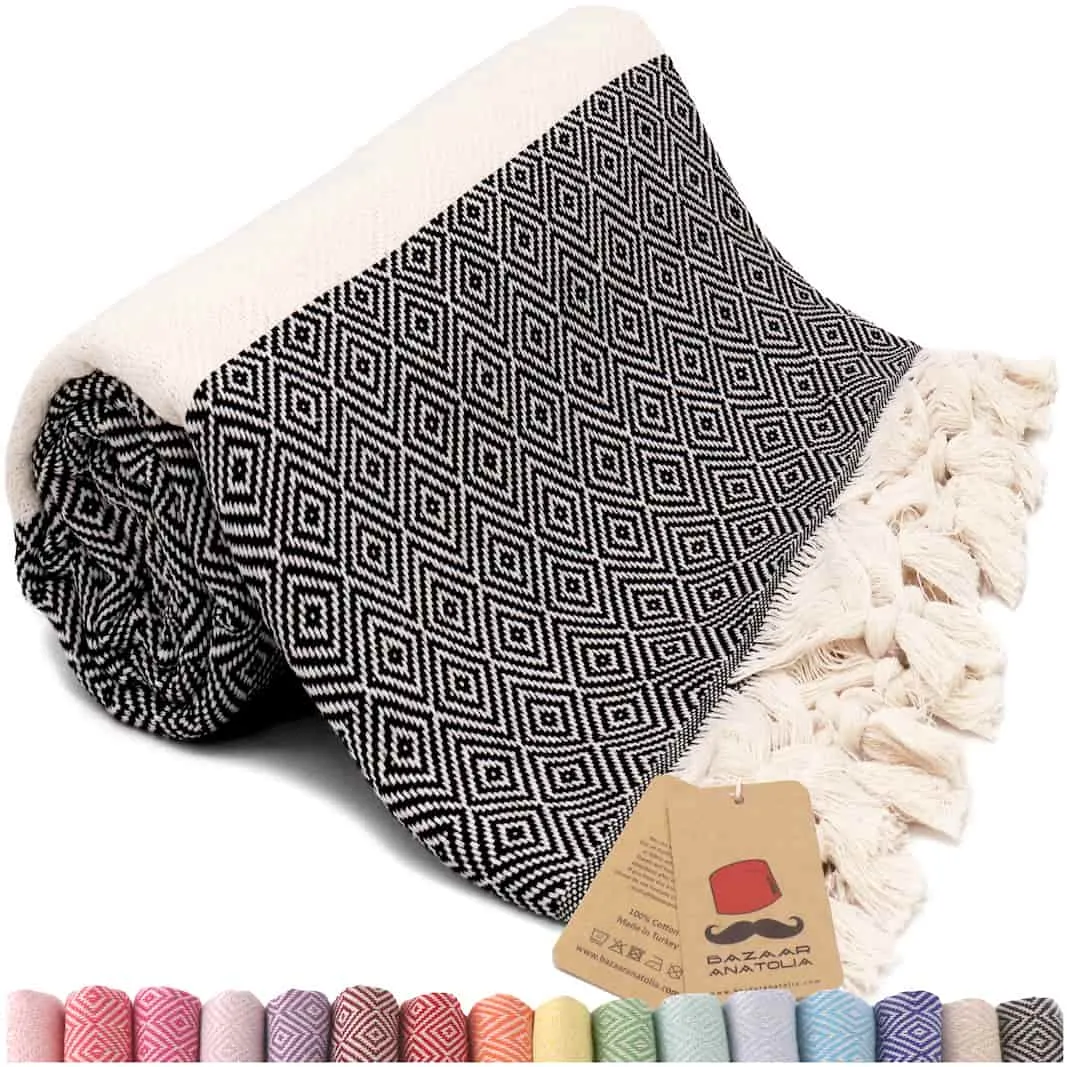 Turkish Beach Towel, Diamond Turkish Towels - Black