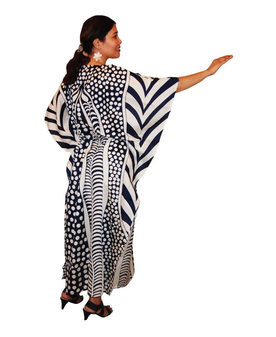 Vacation Resort Drawstring Maxi Dress Vertical Tribal Navy White