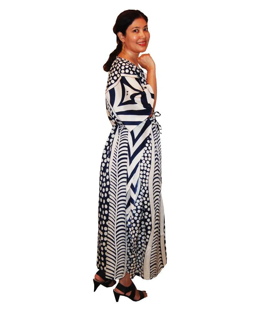 Vacation Resort Drawstring Maxi Dress Vertical Tribal Navy White