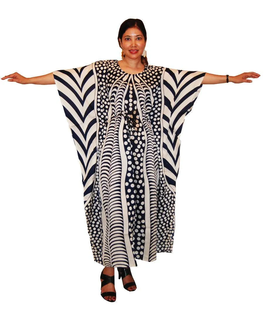 Vacation Resort Drawstring Maxi Dress Vertical Tribal Navy White