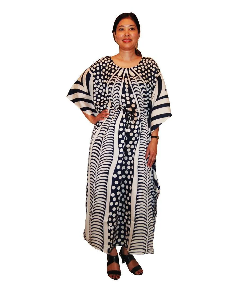 Vacation Resort Drawstring Maxi Dress Vertical Tribal Navy White