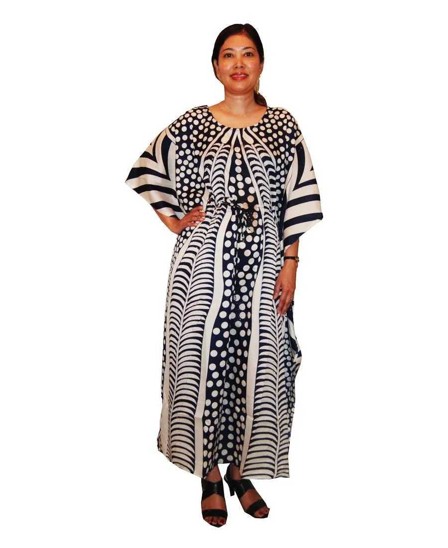 Vacation Resort Drawstring Maxi Dress Vertical Tribal Navy White