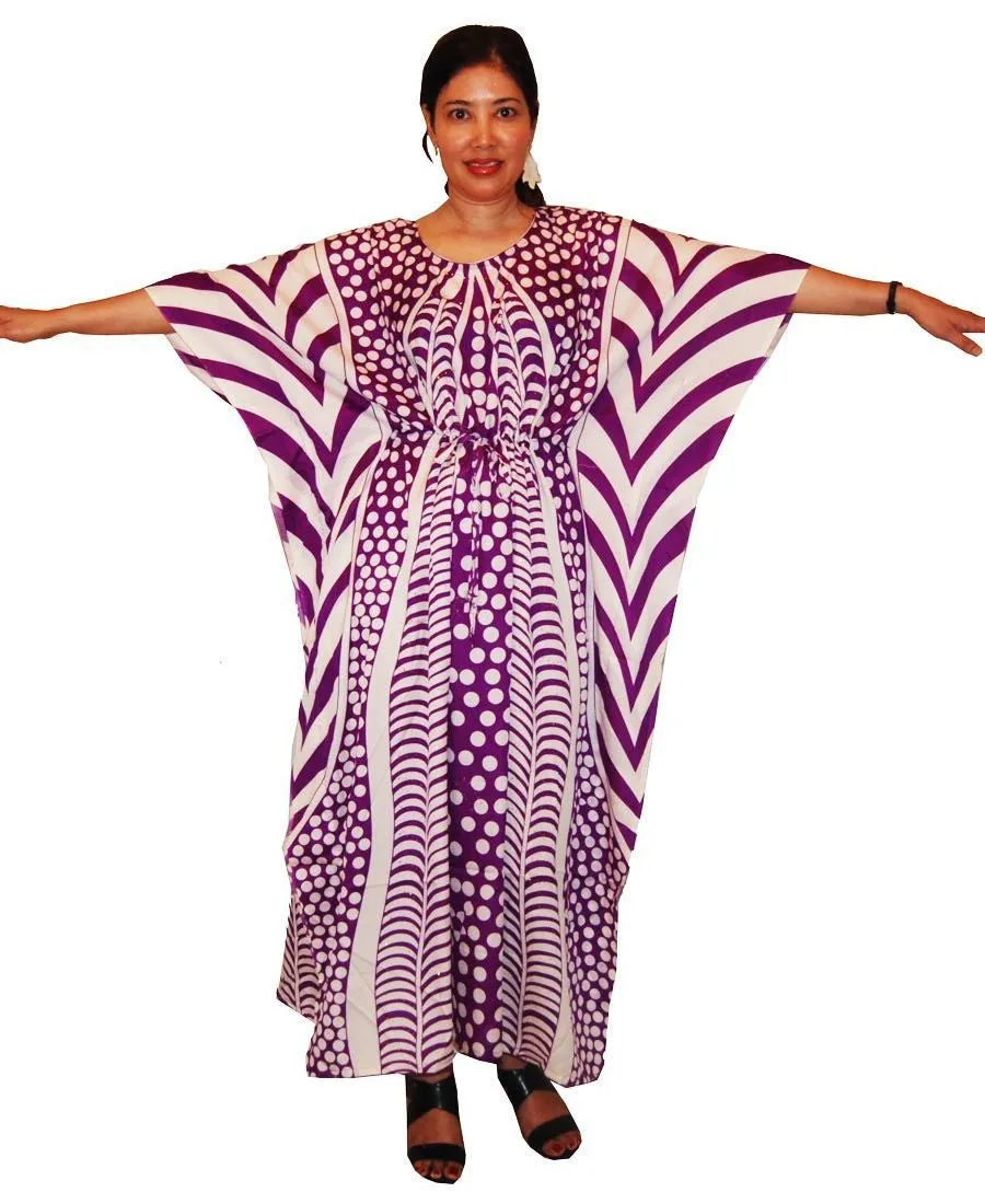 Vacation Resort Drawstring Maxi Dress Vertical Tribal Purple White