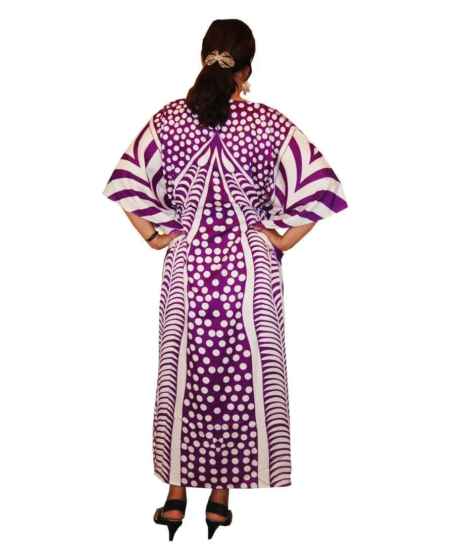 Vacation Resort Drawstring Maxi Dress Vertical Tribal Purple White