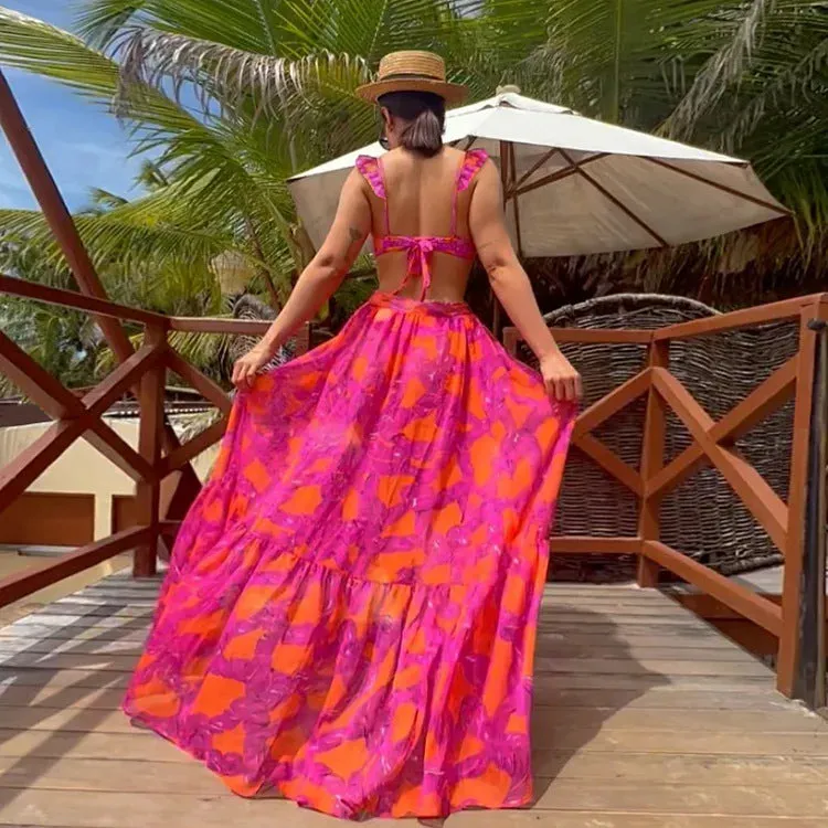 Vibrant Ruffle Bikini and Flowing Maxi Skirt Beach Set