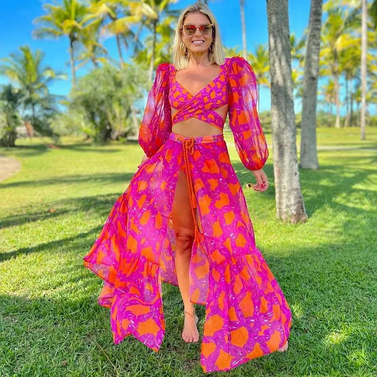 Vibrant Ruffle Bikini and Flowing Maxi Skirt Beach Set