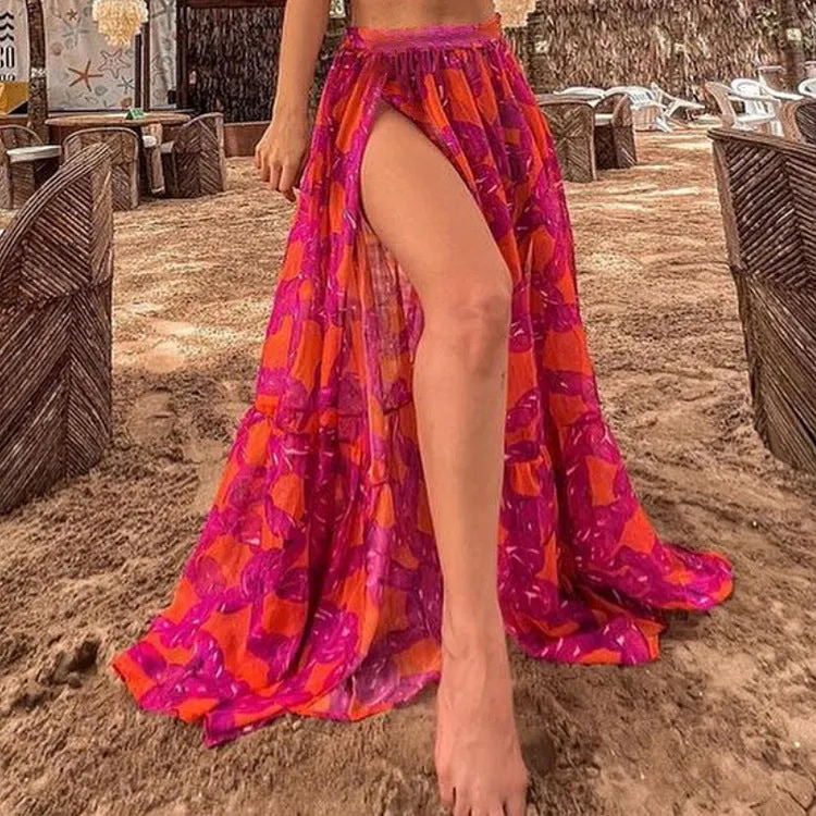 Vibrant Ruffle Bikini and Flowing Maxi Skirt Beach Set