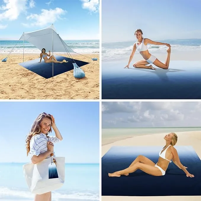 Waterproof Sandproof Beach Blanket, Blue-White Gradient Beach Mat Oversized for 2-4 Person, Compact Sand Free Quick Dry Polyester Outdoor Picnic Blanket for Travel, Camping, Hiking
