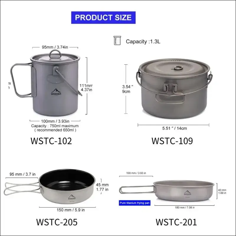 Widesea titanium cookware set - outdoor cooking pot & frying pan picnic kitchen for camping,