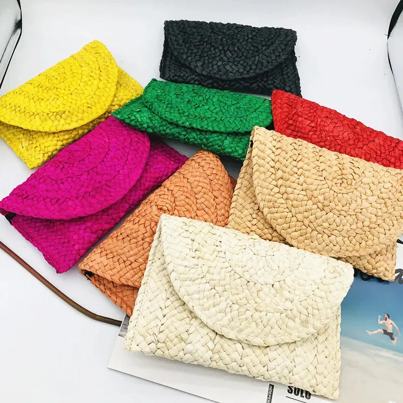 Women Flap Envelope Bags Fashion Summer Beach Bag Handmade Wallet Straw Knitted Handbag Lady Coin Phone Long Purse Clutches