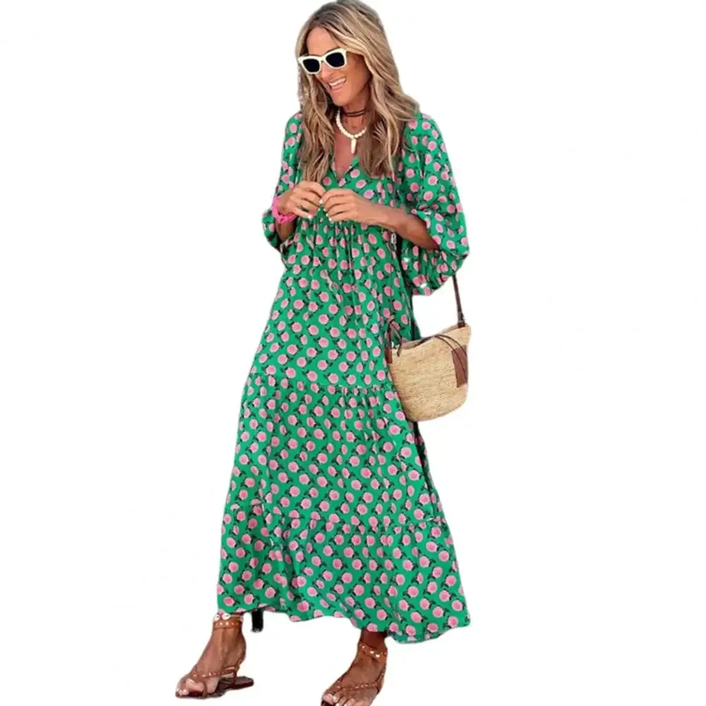 Women Long Dress Geometric Print V Neck Midi Dress with Bubble Sleeves