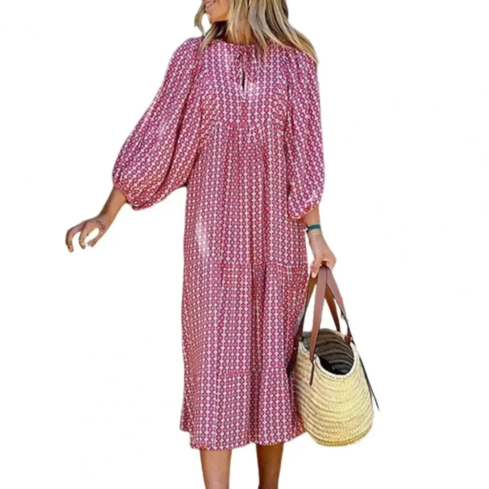 Women Long Dress Geometric Print V Neck Midi Dress with Bubble Sleeves