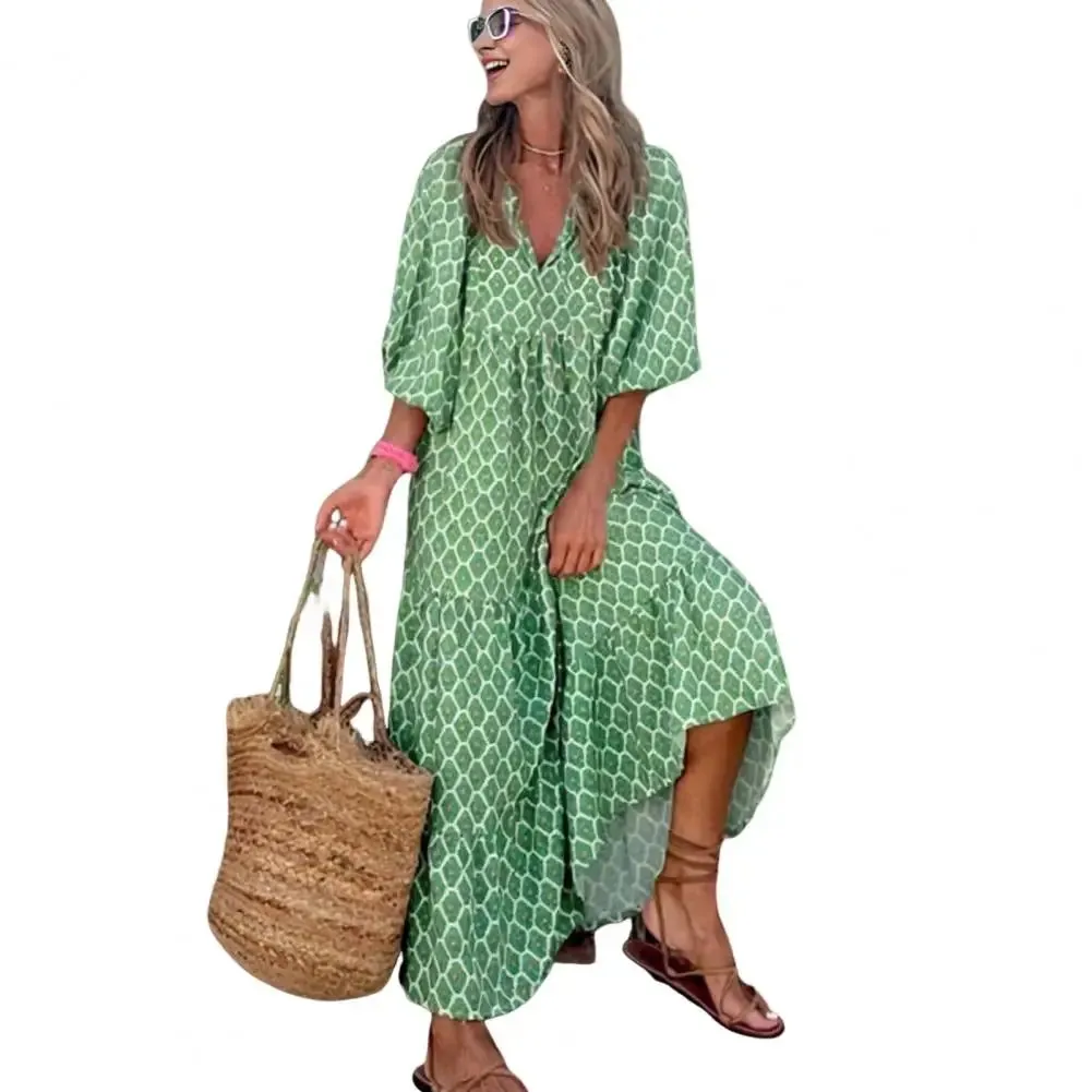 Women Long Dress Geometric Print V Neck Midi Dress with Bubble Sleeves