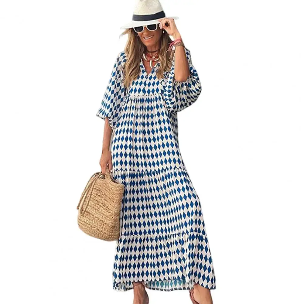 Women Long Dress Geometric Print V Neck Midi Dress with Bubble Sleeves