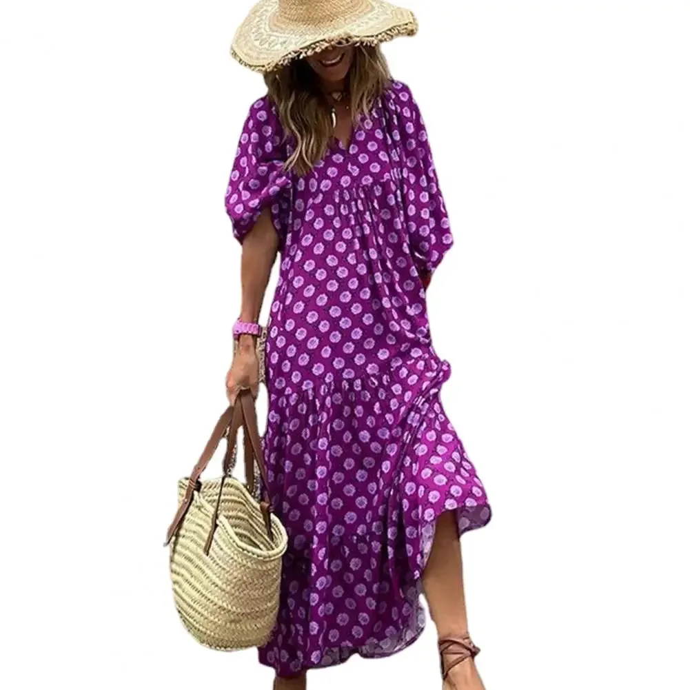Women Long Dress Geometric Print V Neck Midi Dress with Bubble Sleeves