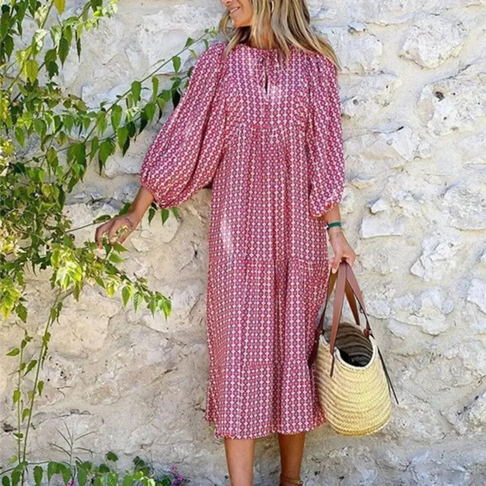 Women Long Dress Geometric Print V Neck Midi Dress with Bubble Sleeves