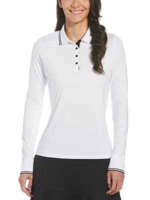 Womens Solid Long Sleeve Polo with Ribbing
