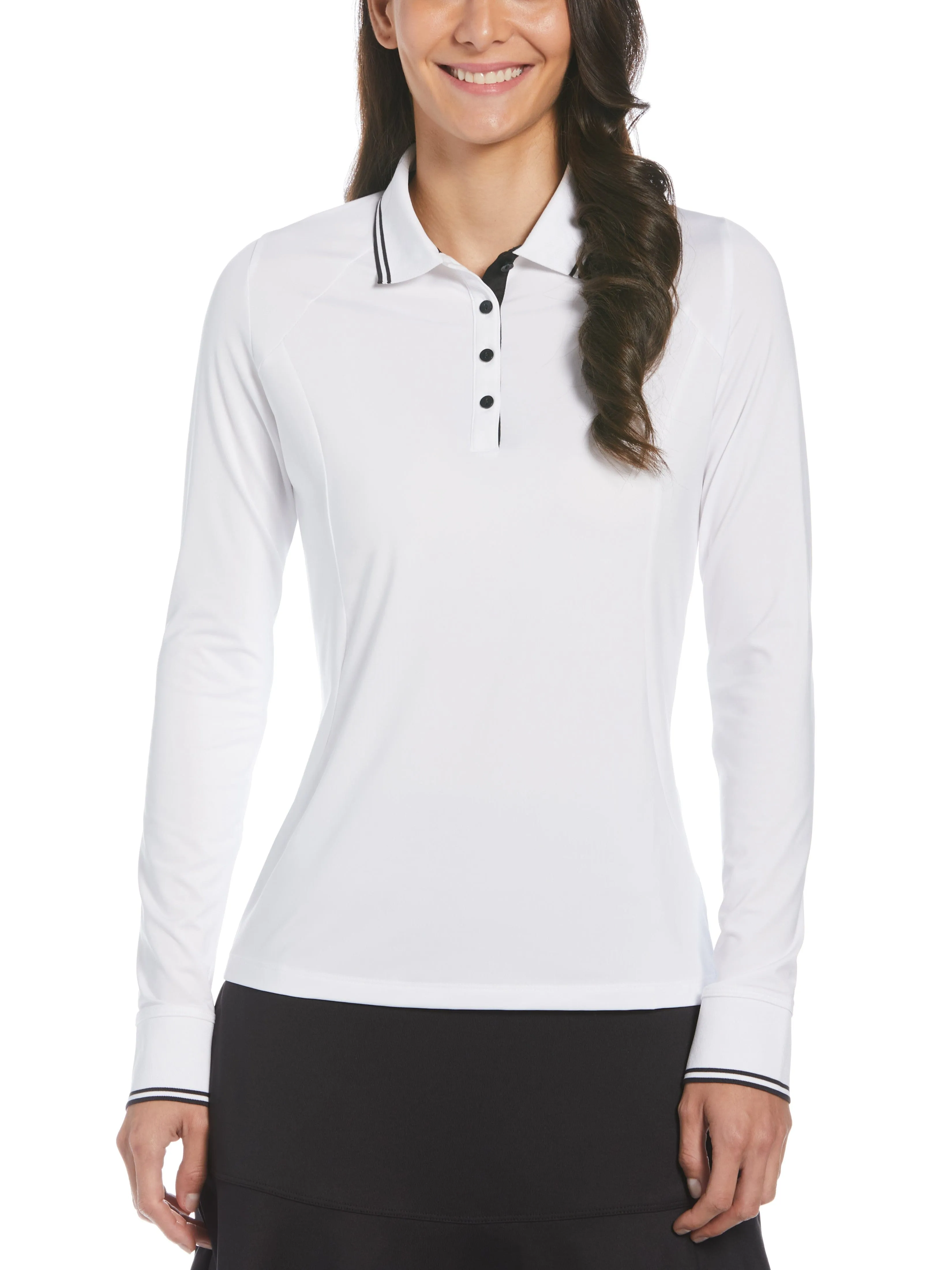 Womens Solid Long Sleeve Polo with Ribbing
