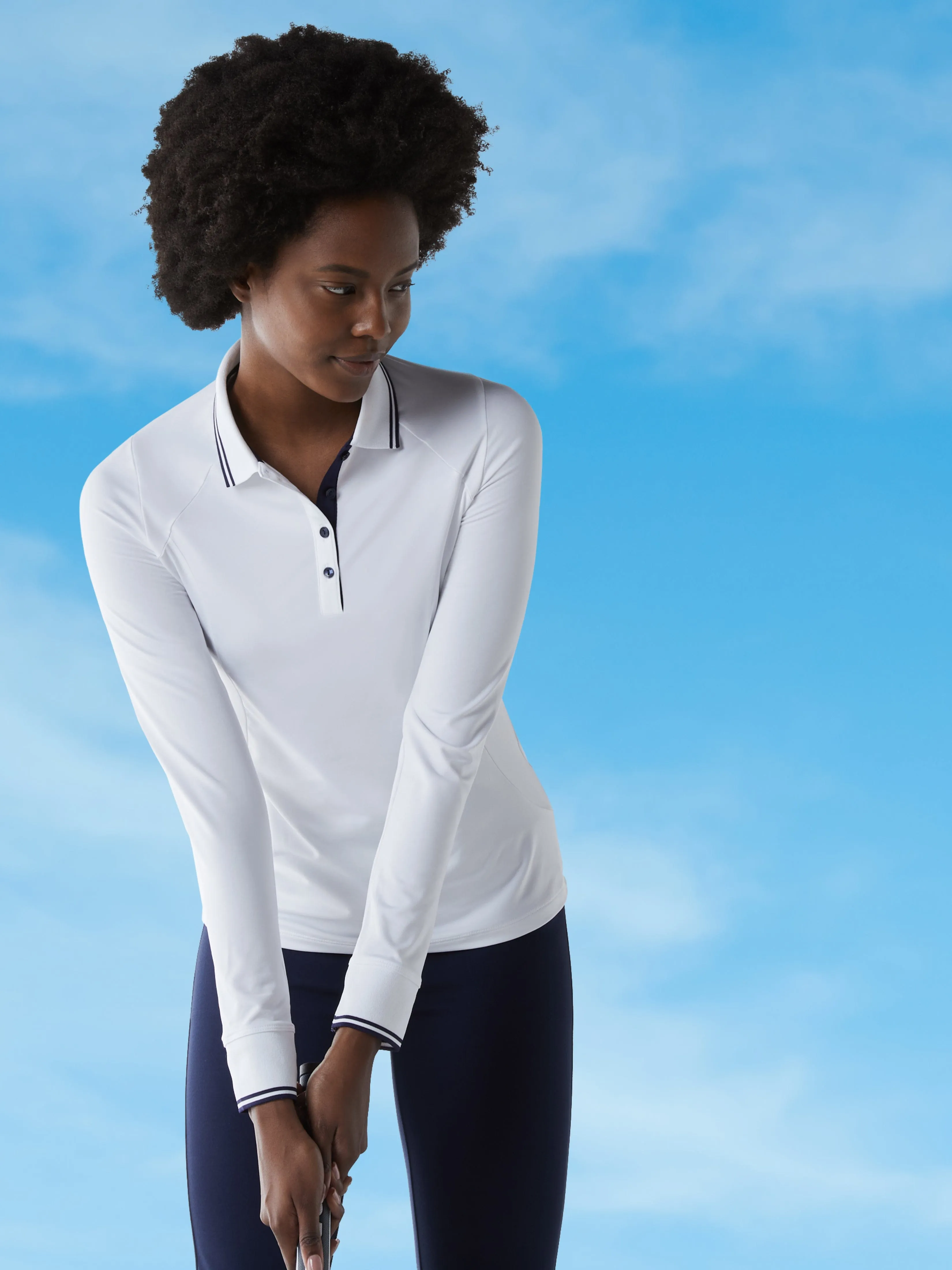 Womens Solid Long Sleeve Polo with Ribbing