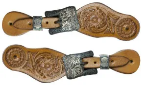 Youth size floral tooled spur straps with engraved antiqued brass buckles