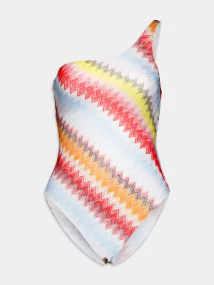 Zigzag-Patterned One-Shoulder Swimsuit